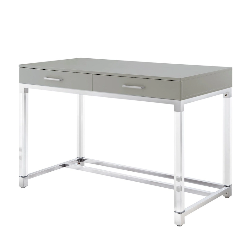 HomeRoots 48 White Clear and Gold Wood Acrylic and Stainless Steel Writing Desk With Two Drawers