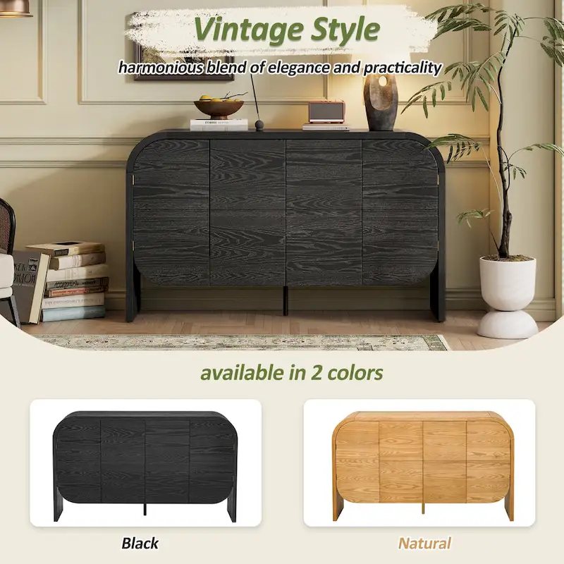 Wooden Sideboard Buffet Cabinet with Curvy Edge & Adjustable Shelves