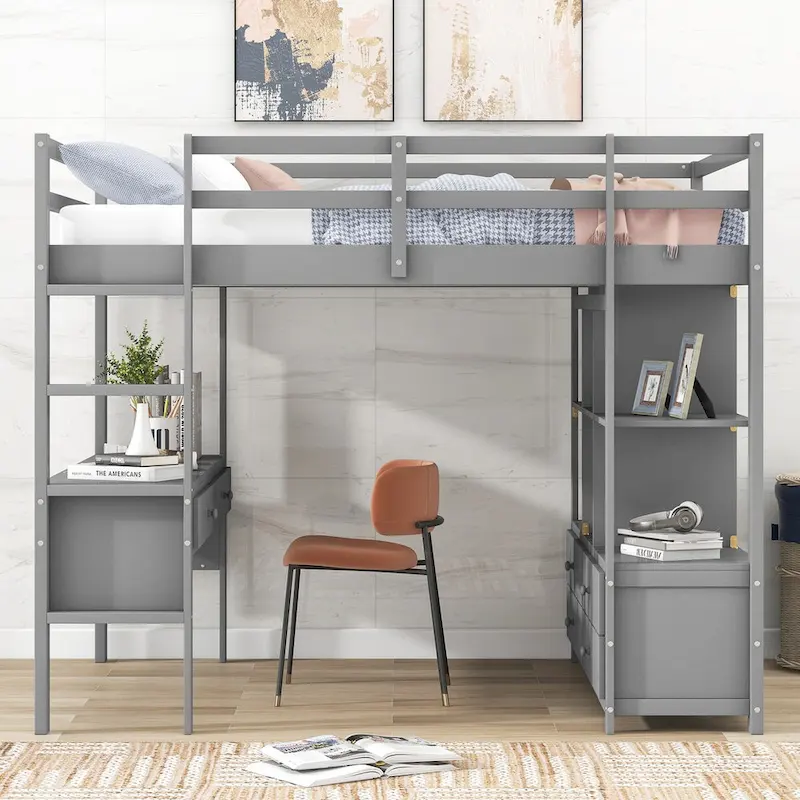 Gray Pinewood Loft Bed with Built-in Desk, Drawers, Shelves, and Storage Cabinets