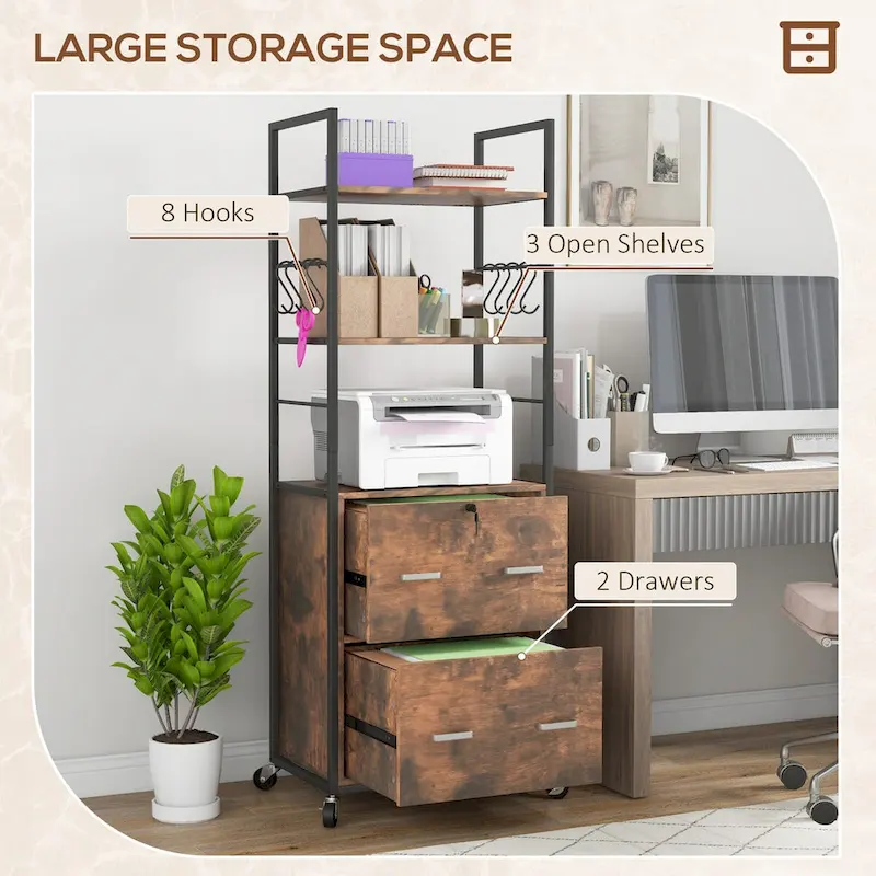 2 Drawer Mobile File Cabinet with Lock & Hanging Bar, Rustic Brown