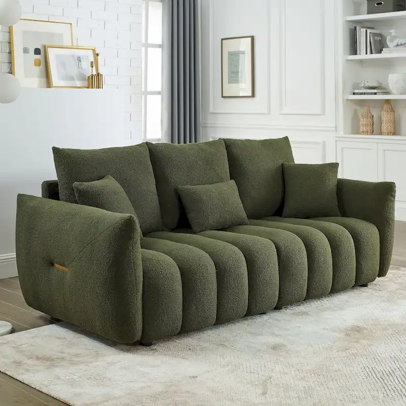 Green 82 Teddy Upholstered 3-Seater Sofa with 3 Back Pillows and Solid Wood Frame