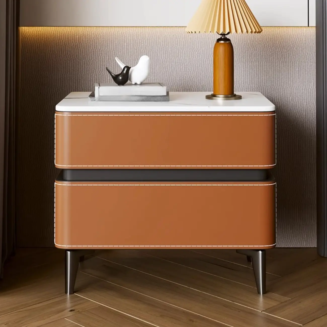 Modern Faux Leather Stone Top 2-Drawer Nightstand