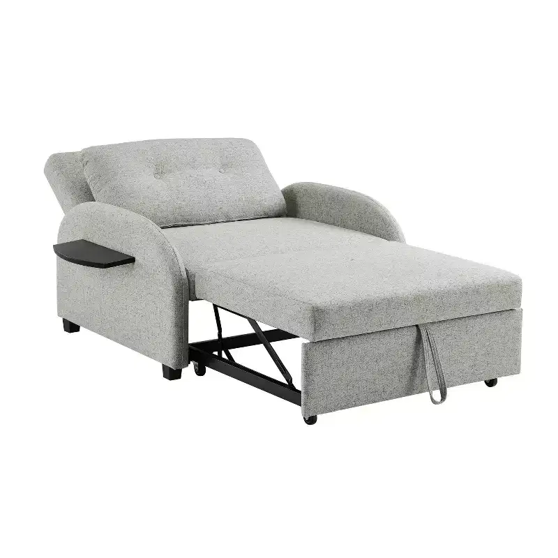 Twin Woven Polyester Fabric Black Wood Frame and Tray Table Convertible Bed Gray: Multifunctional Design, Easy Mobility