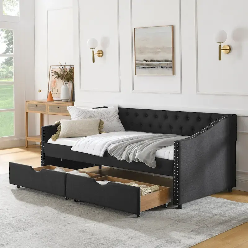 Twin Size Linen Upholstered Daybed with 2 Drawers, Tufted Backrest and Copper Nail Trim