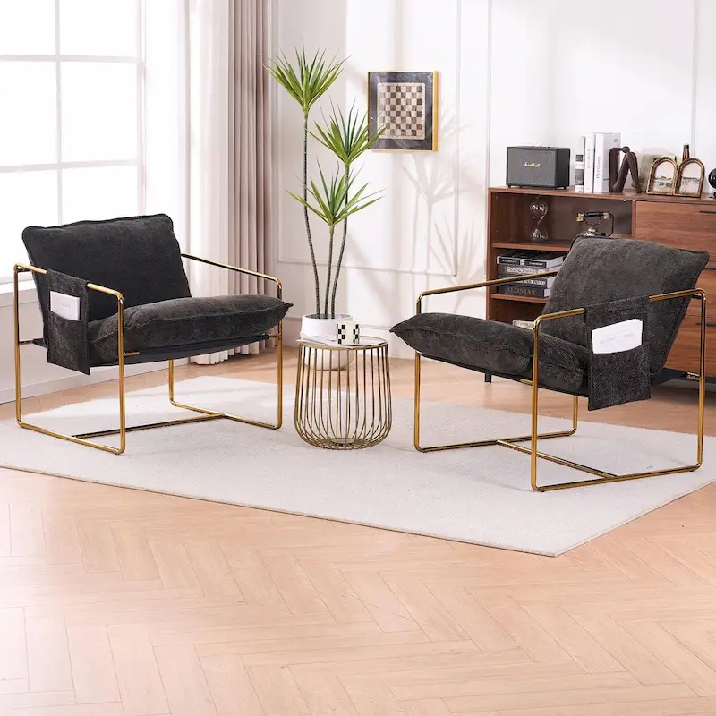 Upholstered Hanging Armchairs with Arm Pockets, Metal Frame,Set of 2