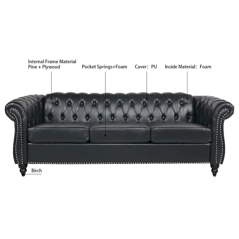 Faux Leather Rolled Arm Chesterfield Three Seater Sofa