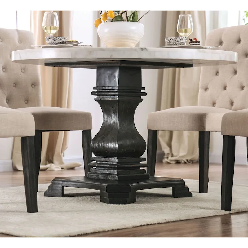 Brec Farmhouse Marble Top 5-Piece Round Dining Table Set with Tufted Chairs by