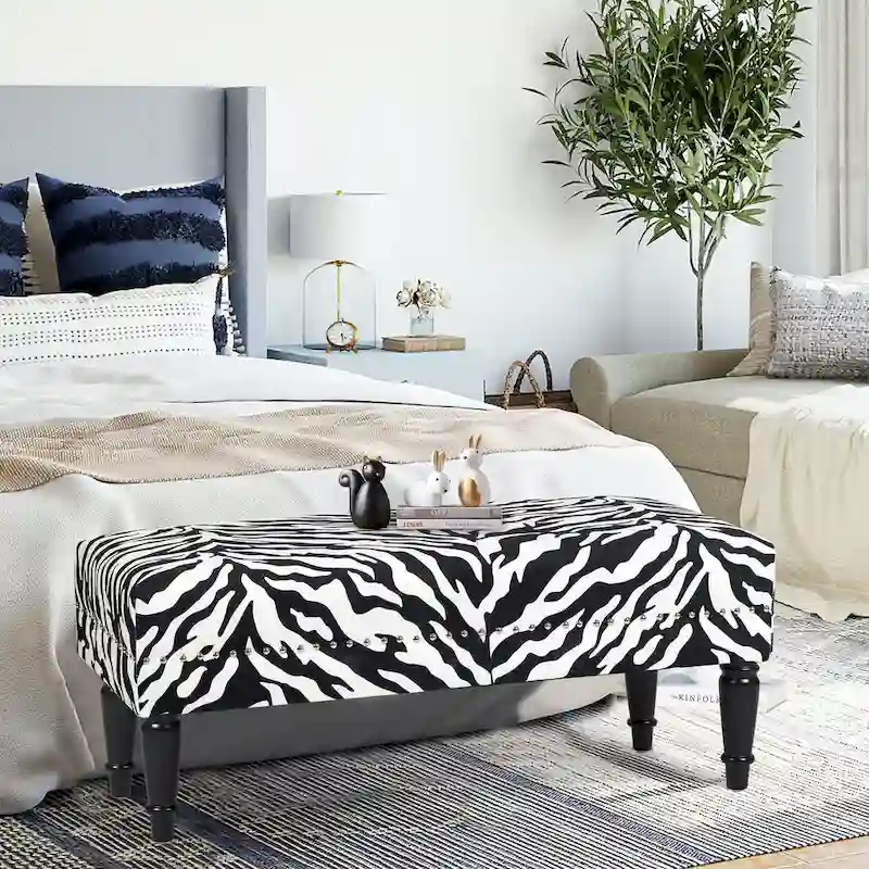 Adeco Cow Print Fabric Rectangular Bench Ottoman