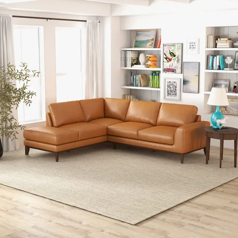 Miama Living Room Full Grain Genuine Leather Best Sectional Couch in Cognac Tan