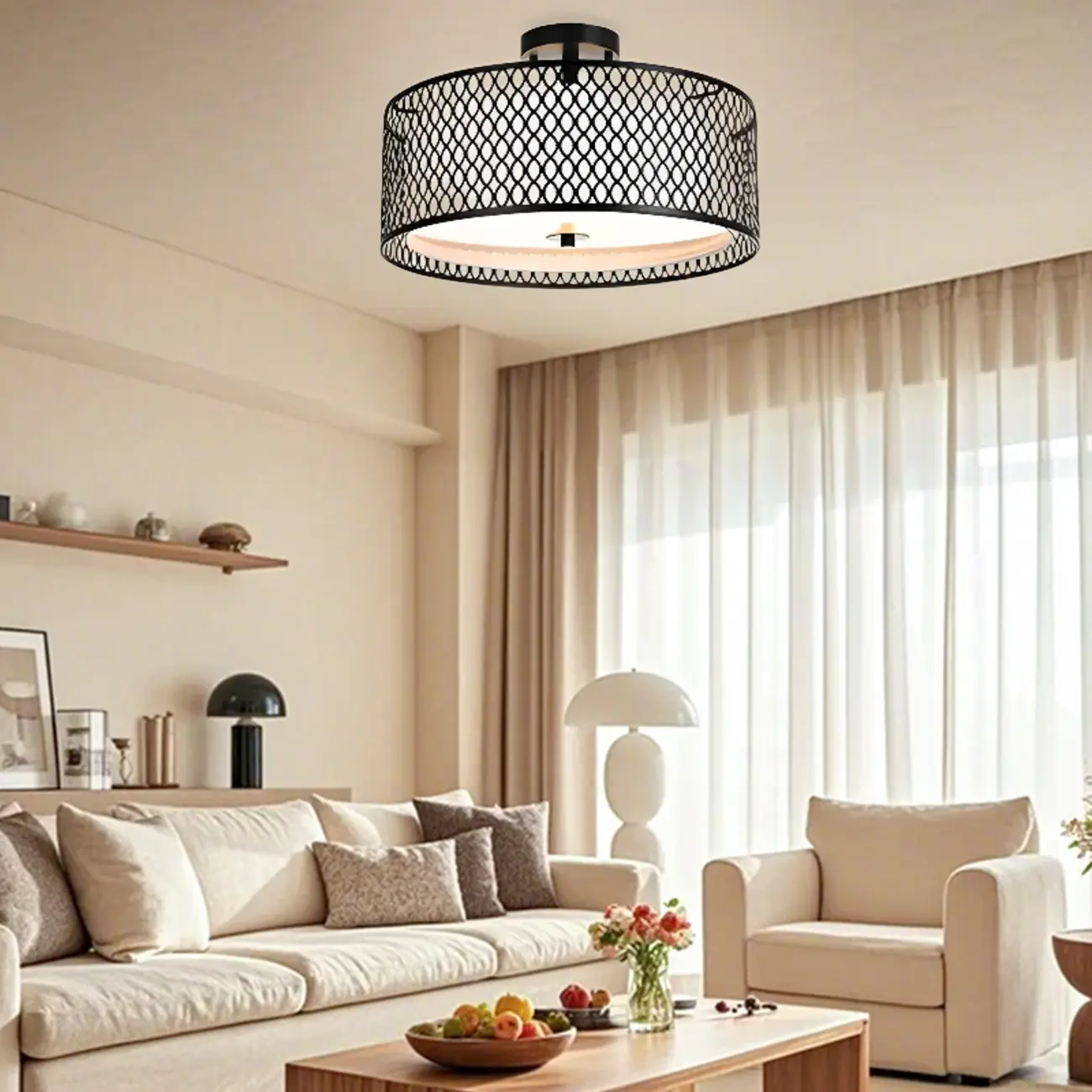 Modern Black Metal Hollow Cylinder Semi Flush Ceiling Light