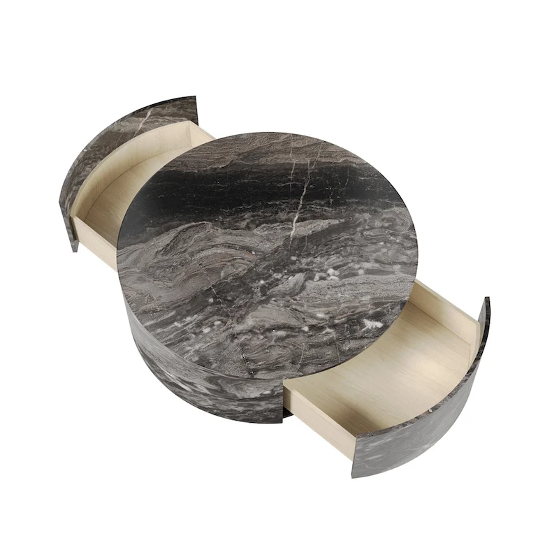Modern Faux Marble Round Coffee Table Center Table with 2 Drawers, Fully Assembled