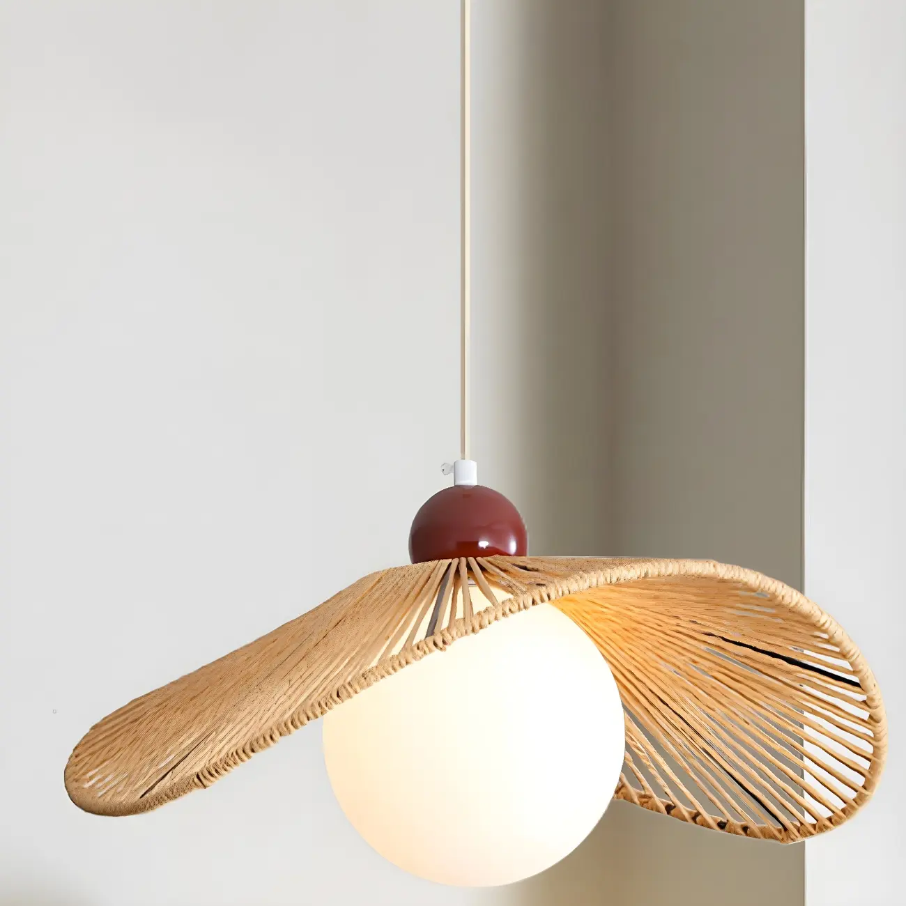 Rattan Curved White Glass Globe Pendant Light