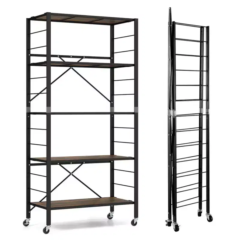 Costway 5-Tier Folding Shelf Free DIY Design Shelving Unit with 4 Universal Wheels Kitchen Black/Natural
