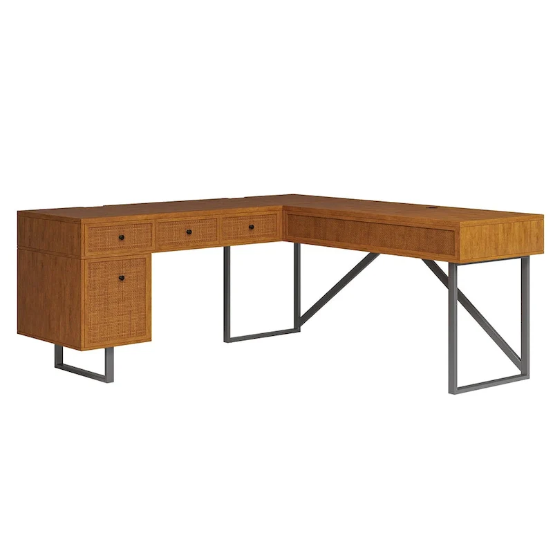 Alfons Industrial L-shaped Lift Top Cane Executive Office Desk with Drawers and Built-In Outlets