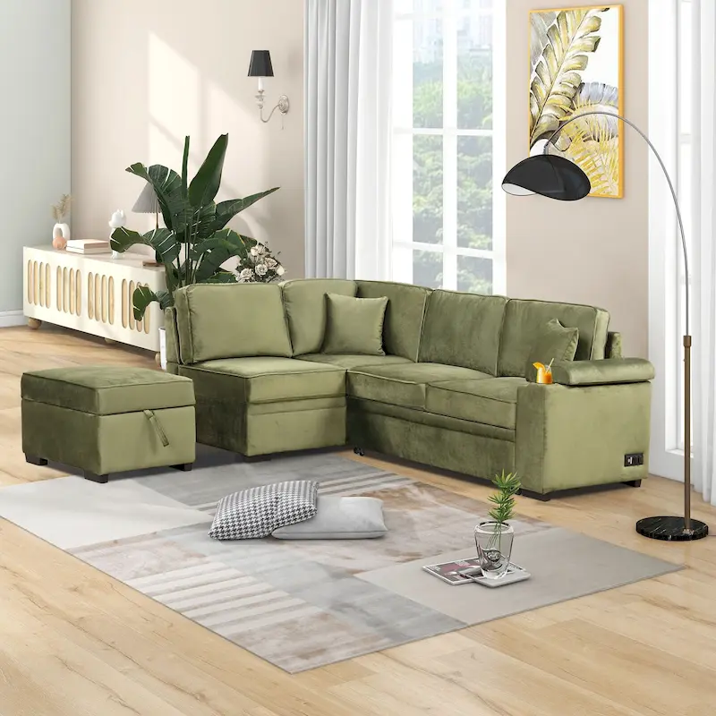 84.75 L-Shaped 5 Seater Sectional Sofa with Storage Ottoman, 2-in-1 Pull-Out Couch for Living Room