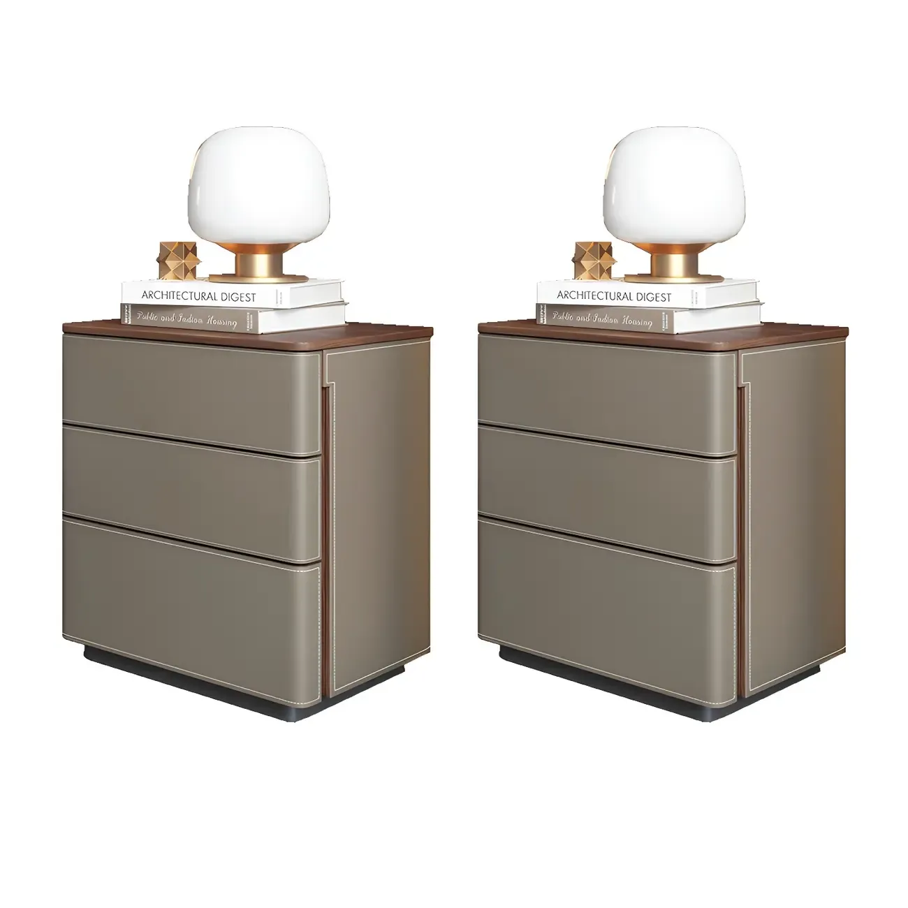 Modern Faux Leather Wood Top Drawers Nightstand