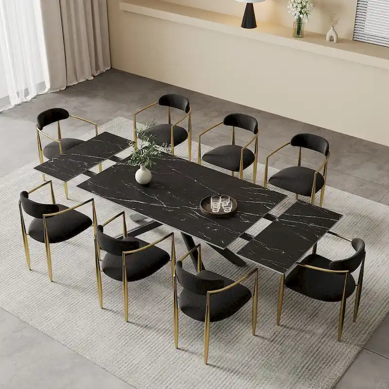 9 - Piece Extendable Sintered Stone Top Cross Legs Dining Set With 8 Fabric Chair