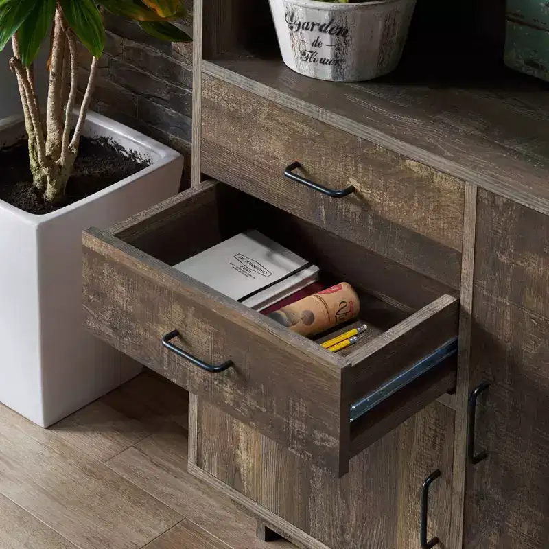 HOMES: Inside + Out 69.8" Tappan Bookcase with Cabinet Reclaimed Oak: Farmhouse Style, 5 Shelves, 2 Drawers