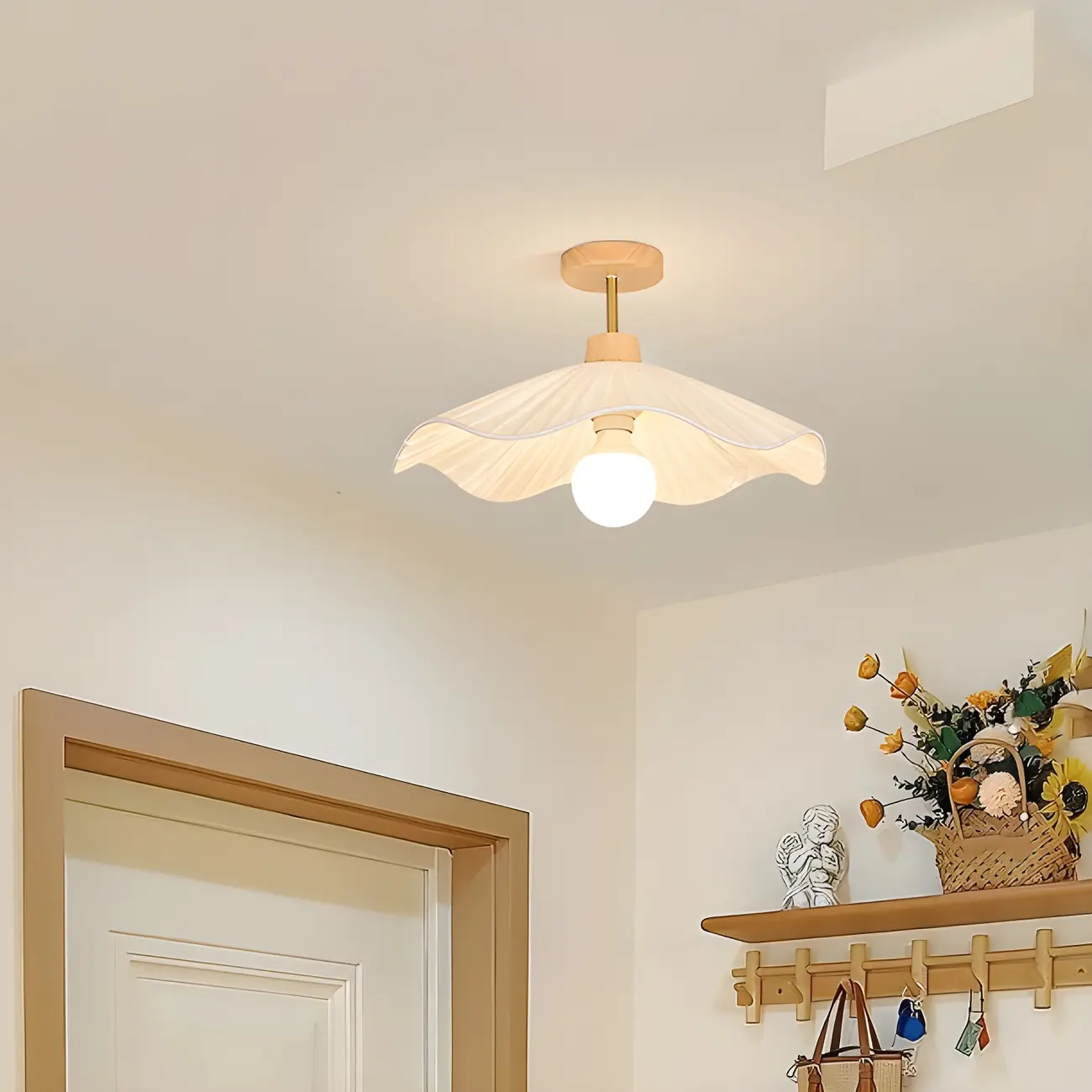 Natural Finish Wood Semi Flush Ceiling Light with Fabric Shade