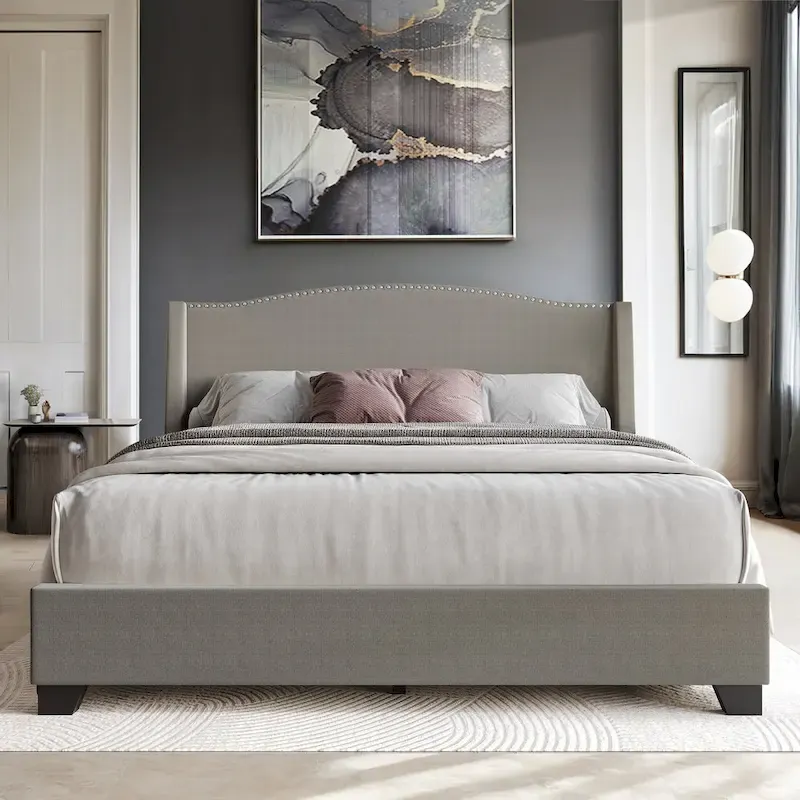 Elegant Chrome Nailhead Wingback Upholstered Bed with Drawers