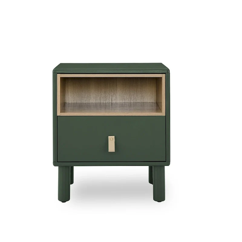 1-Drawer Nightstand with Open Shelf – Green / White, Wood Legs, Single