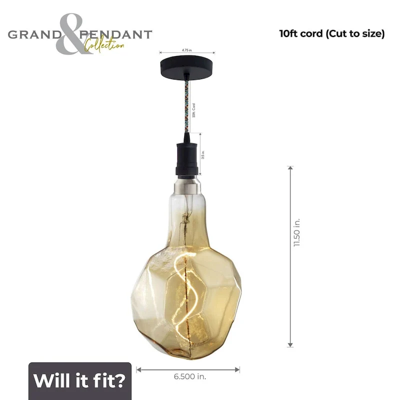 Bulbrite LED Grand Bulb and Pendant Kit of (1) 4 Watt Antique Glass 12  Jewel Shaped Bulb