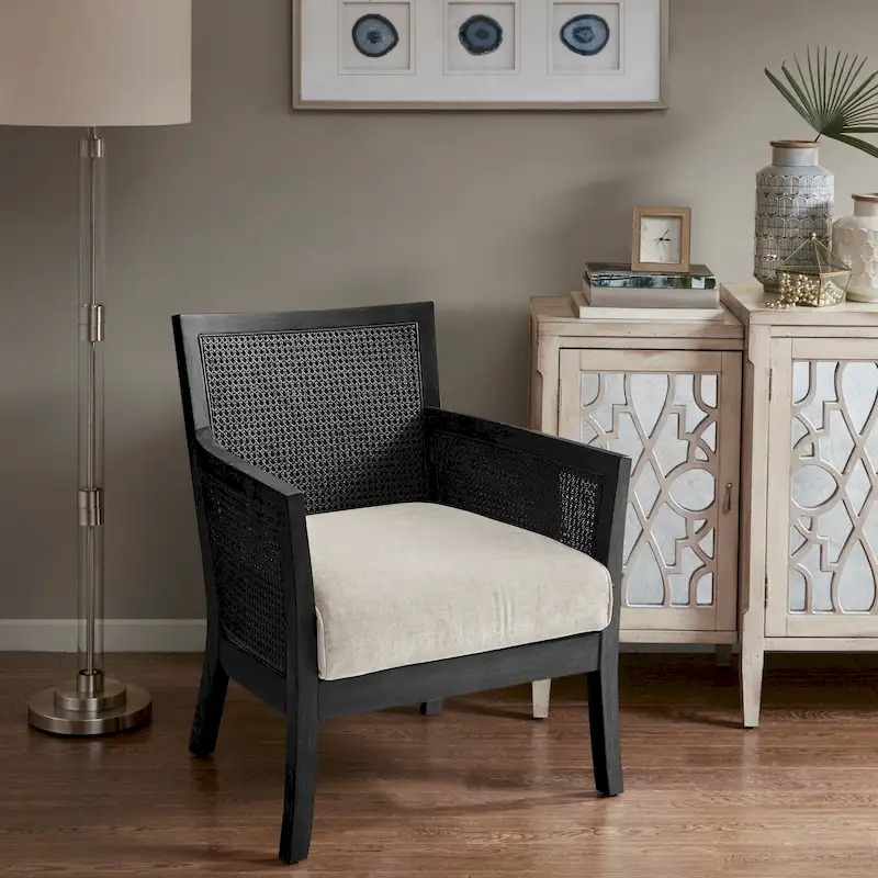 Cane Accent Armchair, Cream/Tan/Black, Wood Frame, Farmhouse, Seats 1