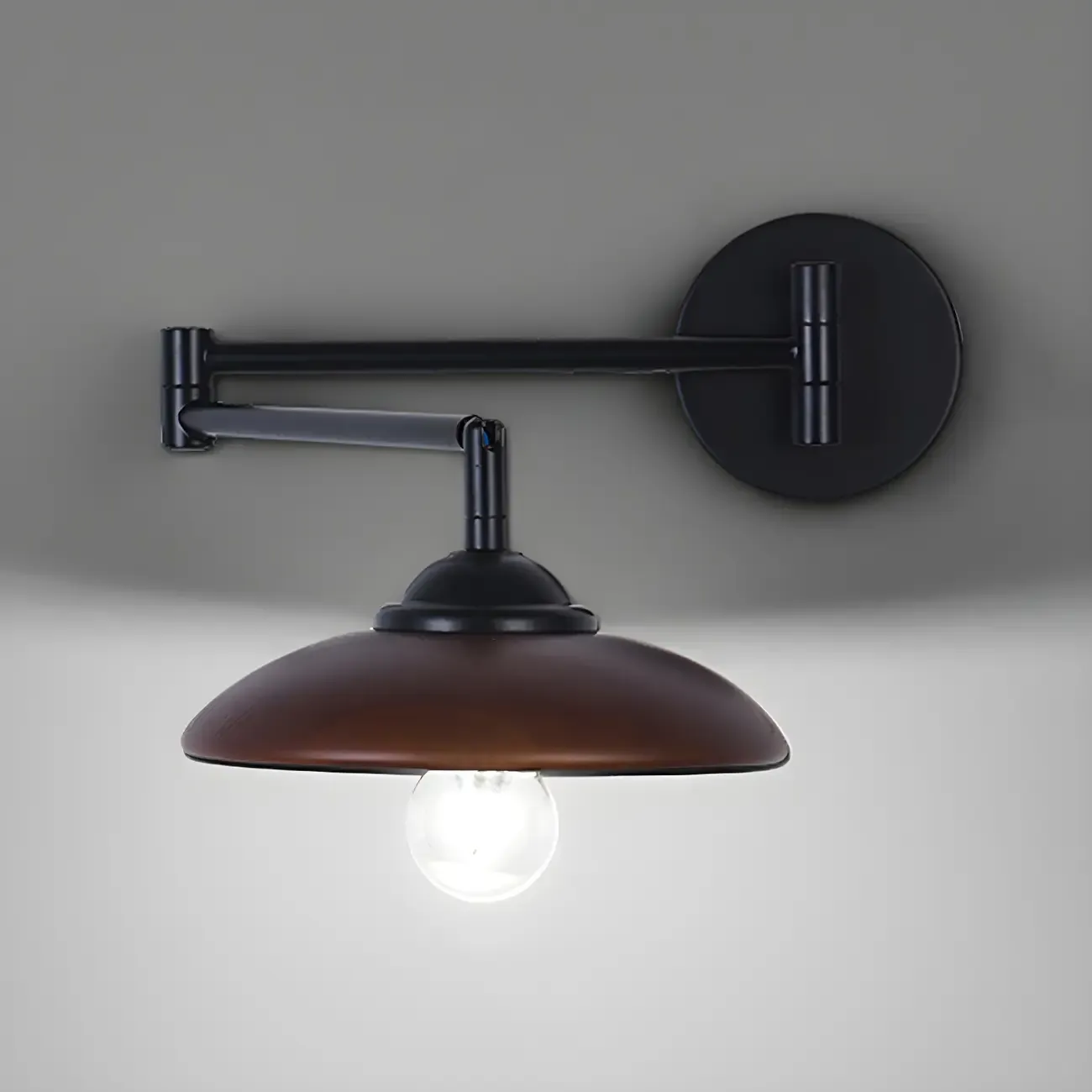 Black Metal Swing Arm Wall Light with Wood Shade