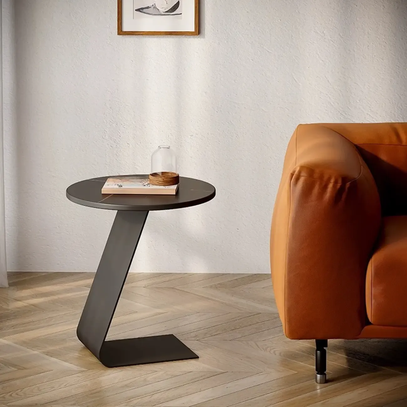 Black Metal Base Round C-Shaped Marble Side Table for Couch