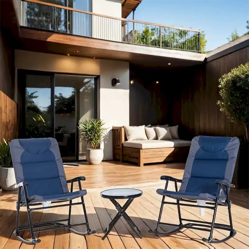 3 Piece Patio Folding Rocking Chairs Set with Glass Coffee Table