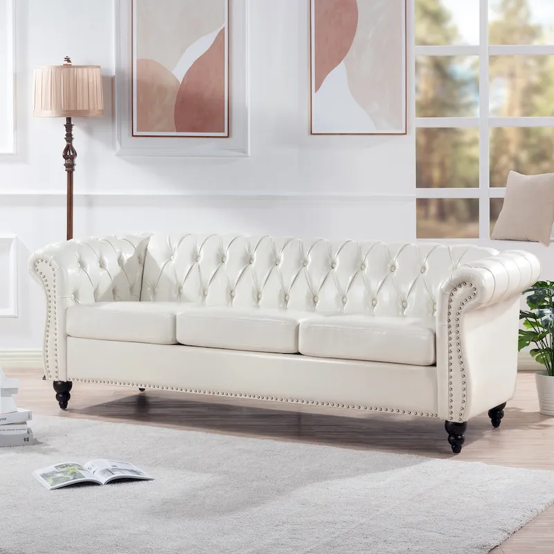 White 84.65  Chesterfield PU Leather 3-Seater Sofa with Button Tufted Backrest