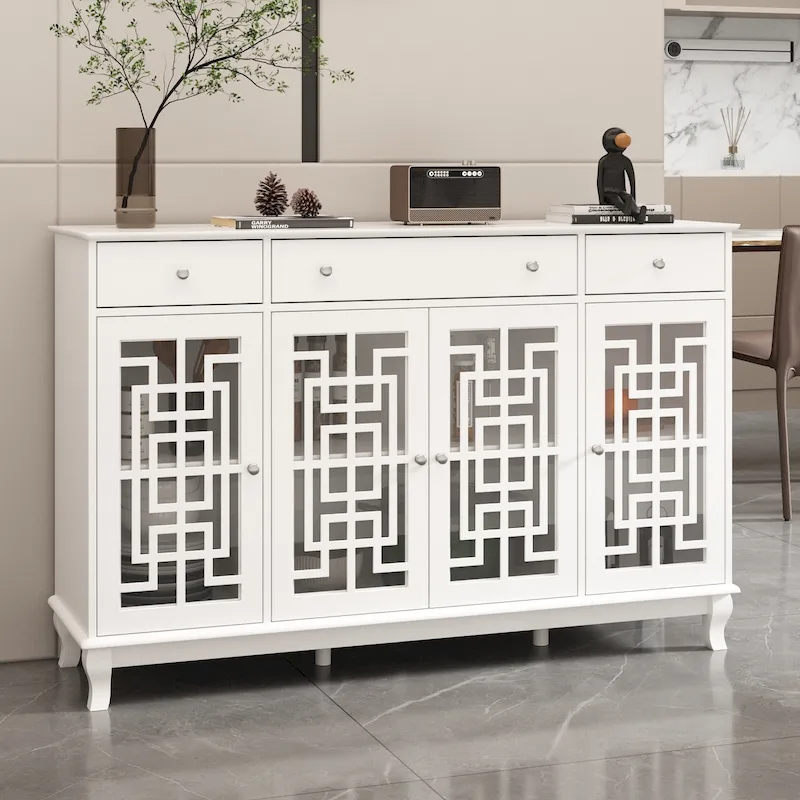 Modern Farmhouse Wood Accent Cabinet with Glass Doors Sideboard Buffet