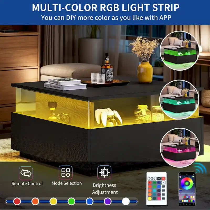 Moasis Modern Square Coffee Table with Drawers & LED Light, Acrylic and Wood Center Table