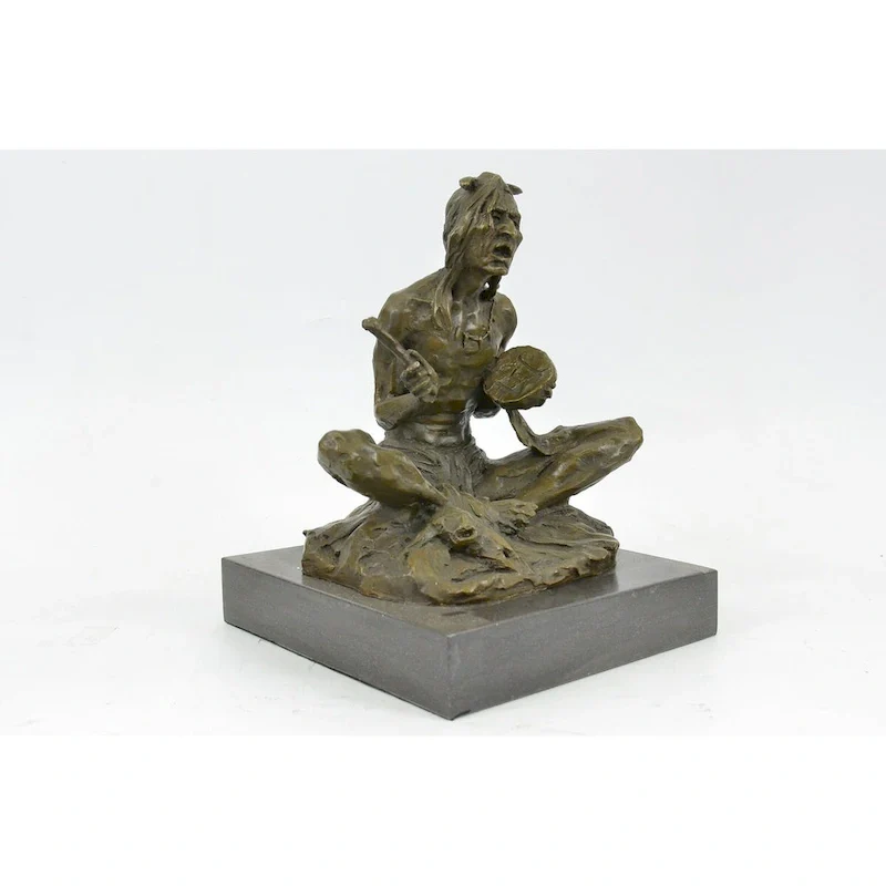 Native American Man Indian Style Drummer Tom Tom Bronze Statue Sculpture