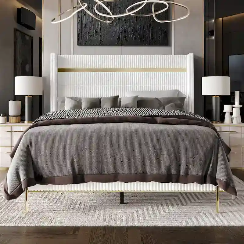 CraftPorch Corduroy Luxurious Gold PU Strip Wingback Velvet Upholstered Bed