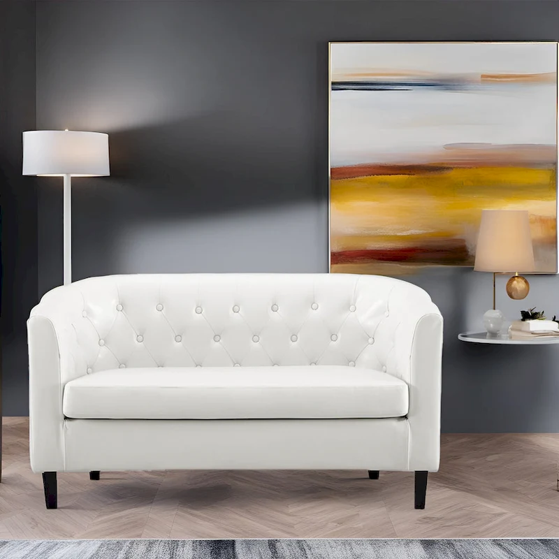 Midcentury Modern Button Tufted Faux Leather Barrel Loveseat - Comfy Tub Loveseat Sofa
