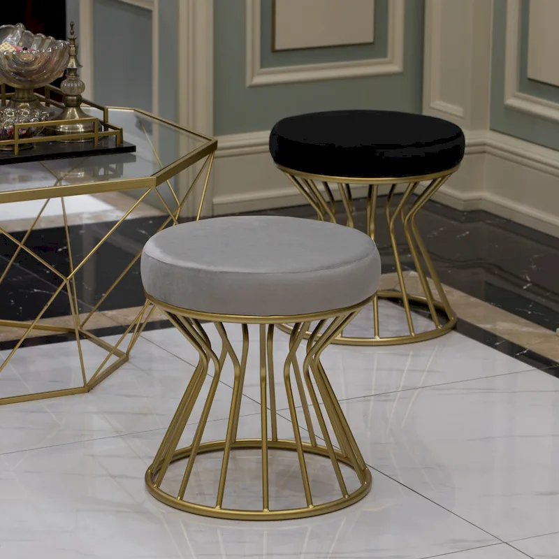 Round Velvet Ottoman Stool, Gray/Black, Gold Metal Base, Modern, 17.75