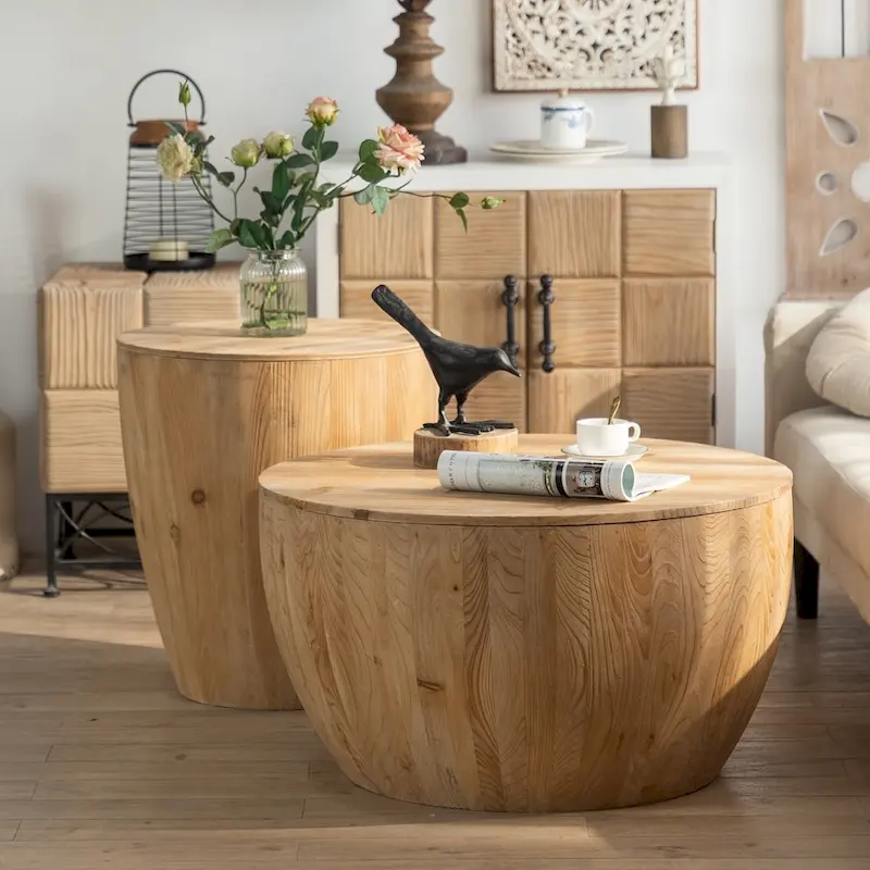 Vintage Style Bucket Drum Shaped Wooden Coffee Table