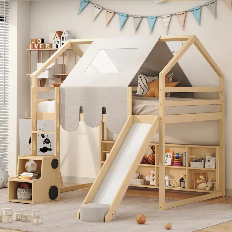 Full Loft Bed with Play Tent, House Design, Slide & Ladder