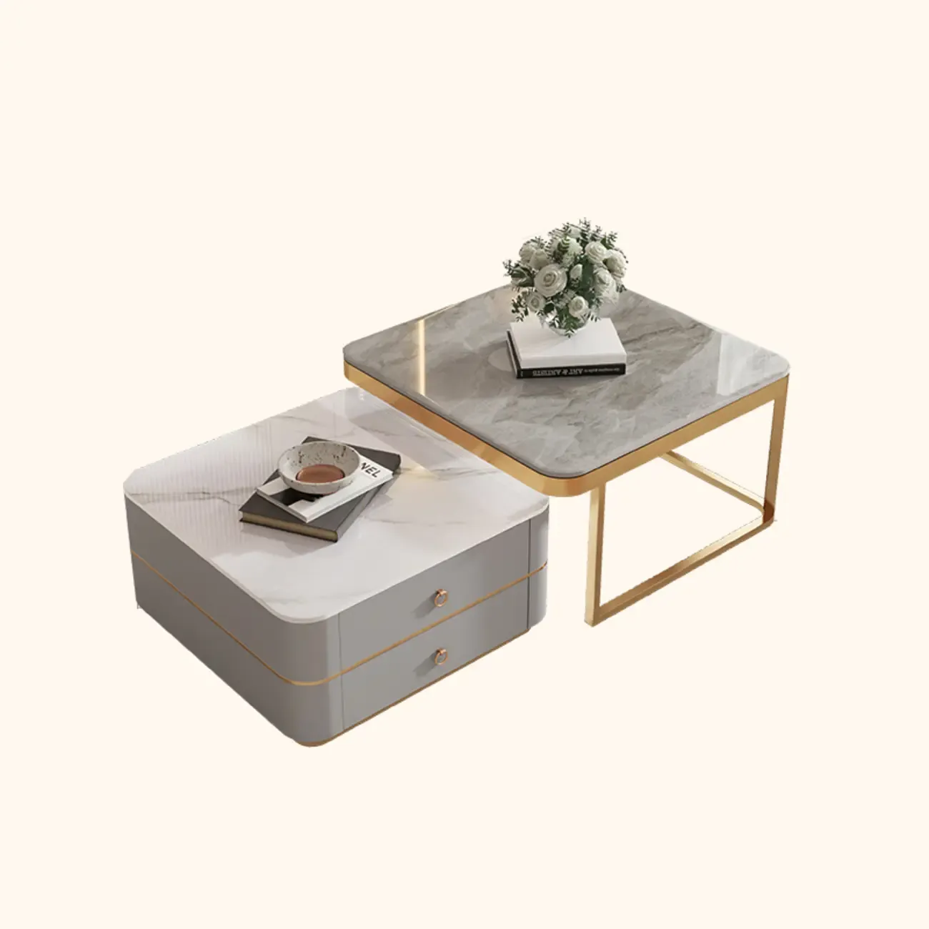 Modern Rectangular Marble Coffee Table Set with Drawers
