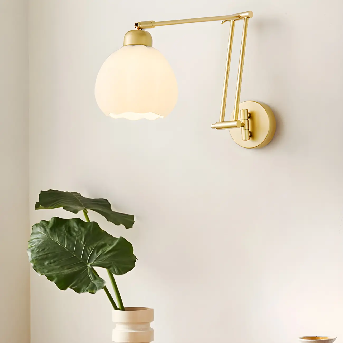 Modern Gold Adjustable Swing Arm Wall Light with White Shade