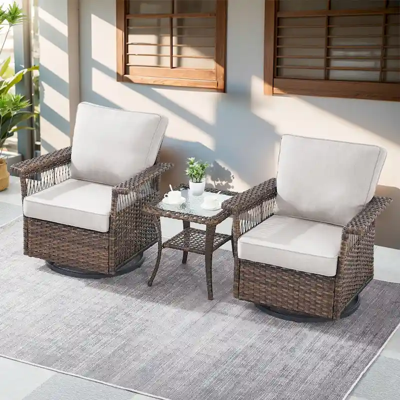 Gymojoy Patio Bistro Set w/ 360 Swivel Rocking Chairs & Table - Brown
