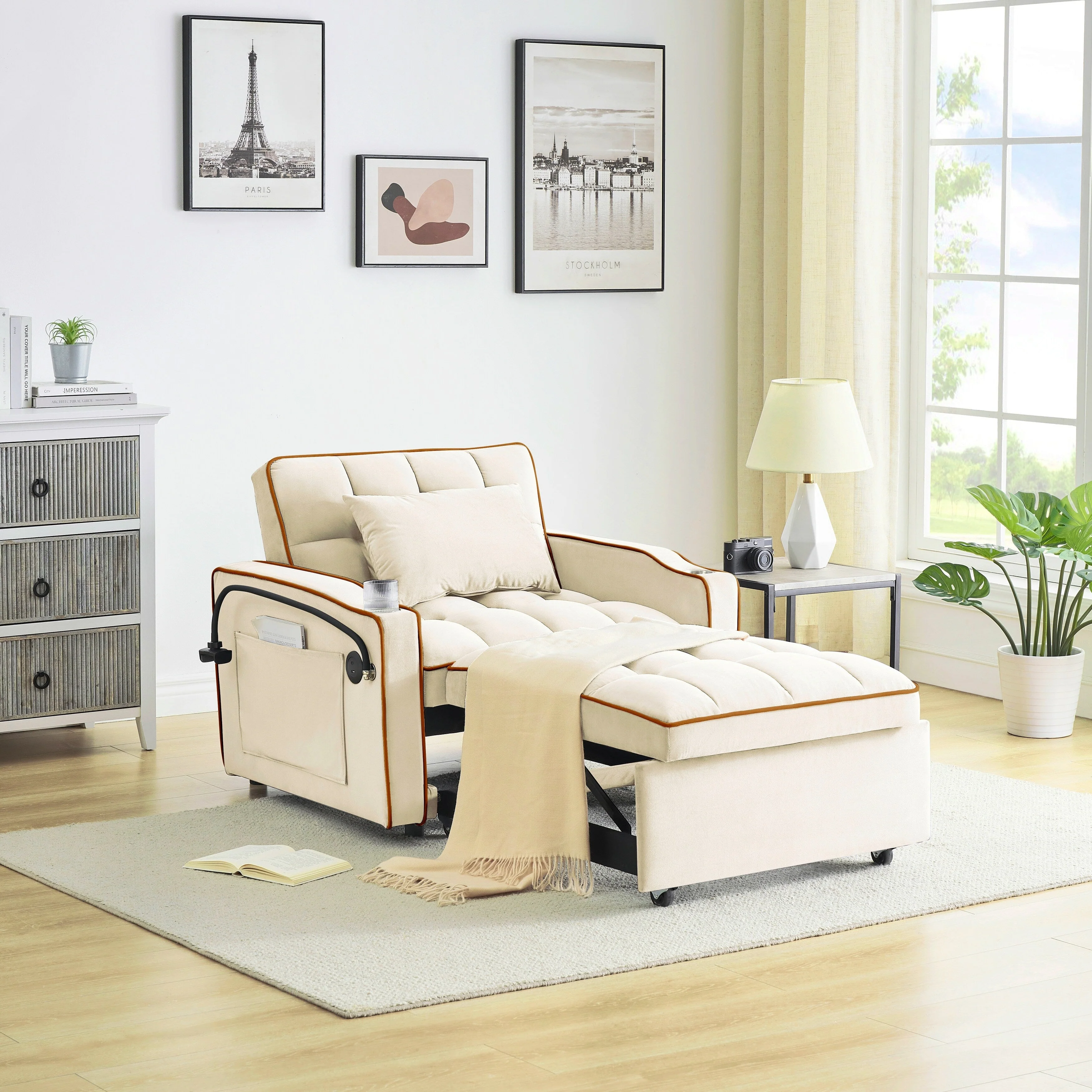 Modern 70.86 3 in 1 Single Convertible Sofa Bed with Adjustable Back and USB Charging Port for Living Room