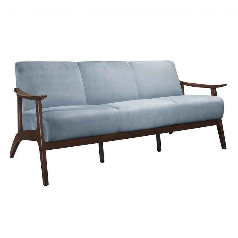 Rica 73 Inch Sofa, Soft Blue Gray Velvet, Walnut Brown Solid Rubberwood