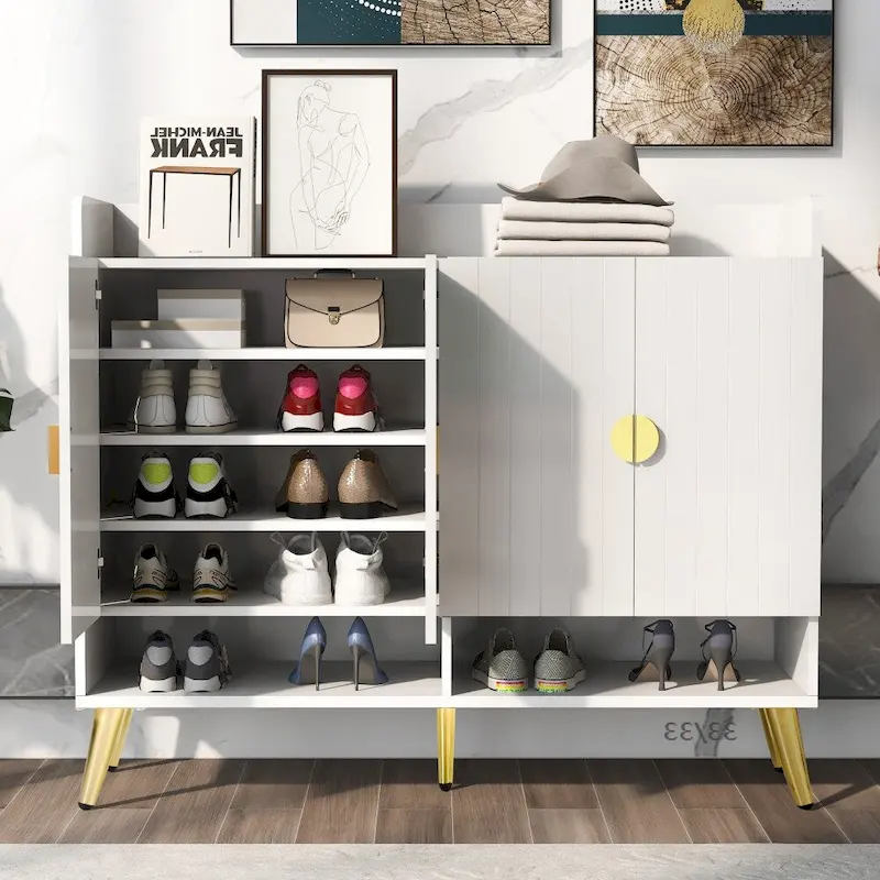 Wooden Modern Shoe Cabinet with Doors and Adjustable Shelves