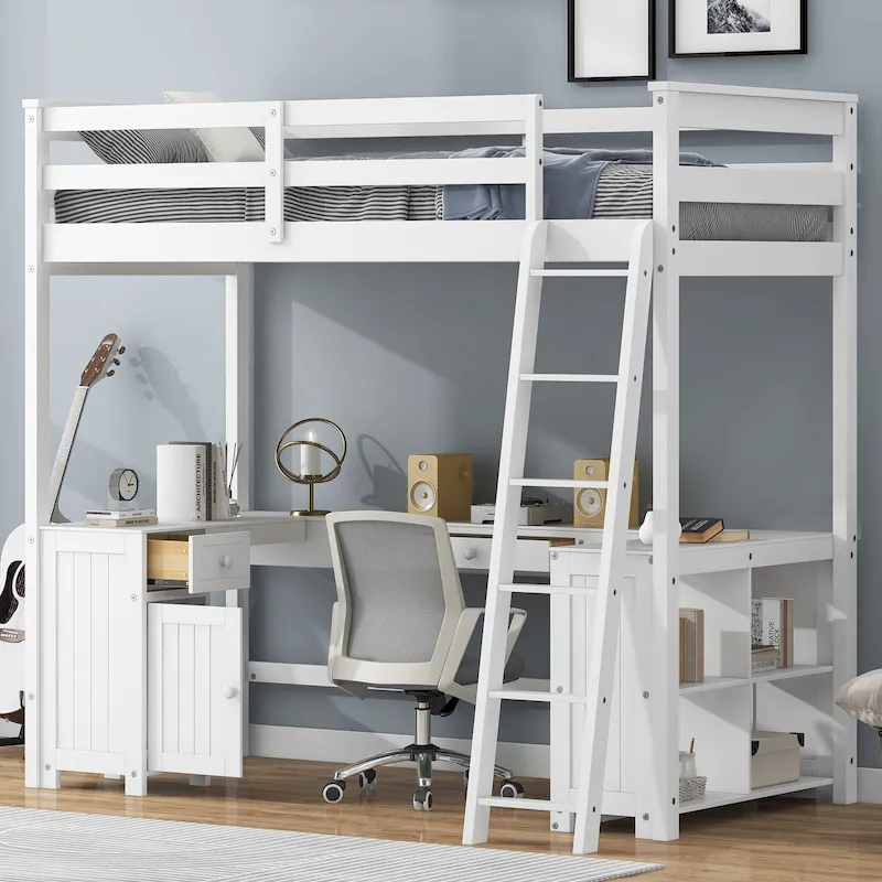 White Twin Size Solid Wood Loft Bed with Desk, Blackboard, Storage Box, Shelf and 3 Drawers