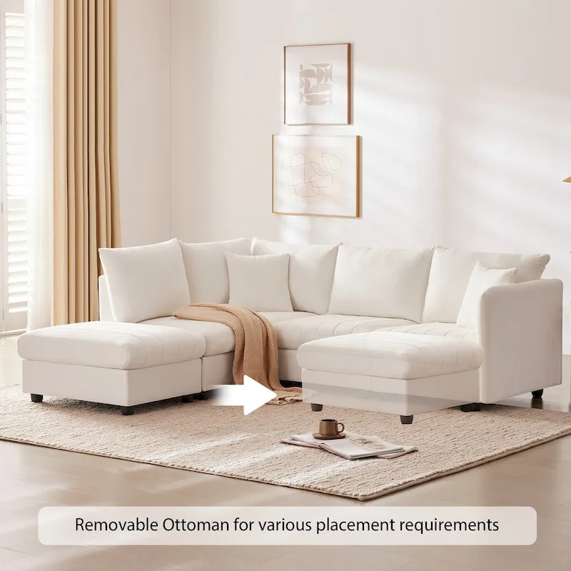 Modern 5-Seat L-Shape Sectional Sofa with Vertical Stripes, 2 Pillows, Convertible Ottoman