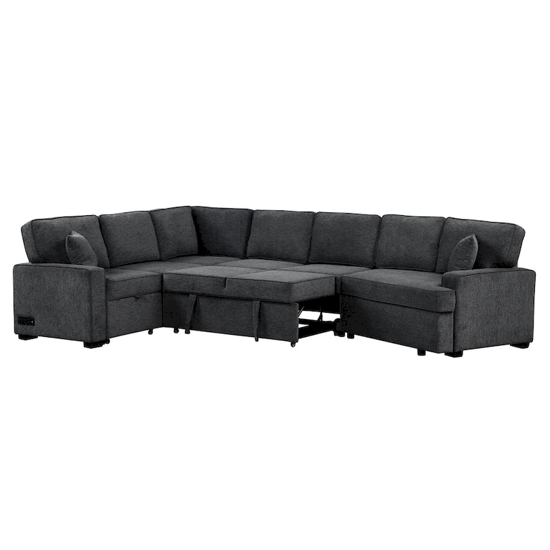 Black 126 L-Shaped 6-Seater Sofa with Pull-Out Bed and Cup Holders