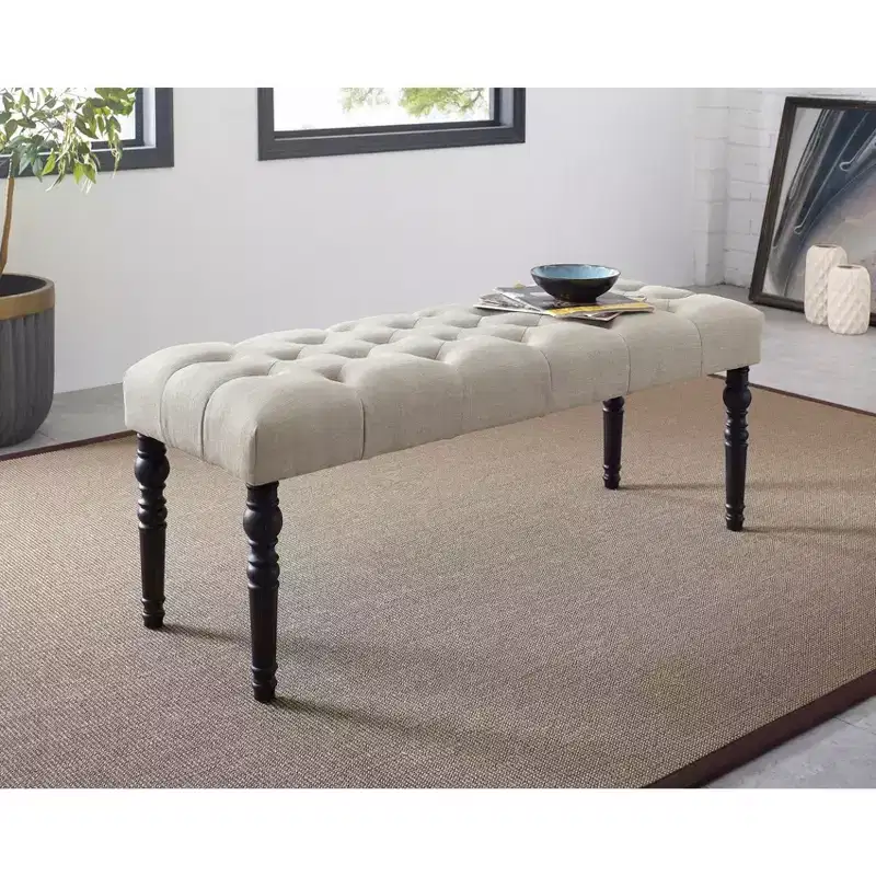 Roundhill Furniture Leviton Fabric Tufted Turned Leg Dining Bench, Beige