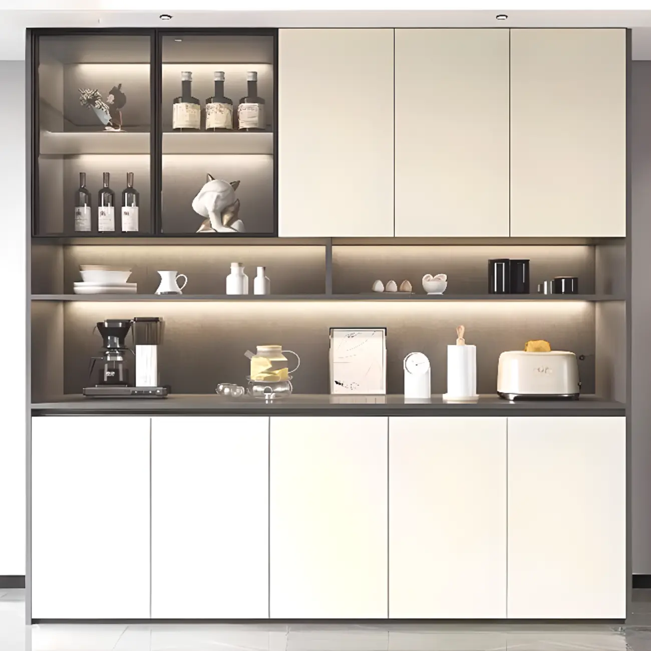 White Rectangular Multi-Shelves Glass Wood Wine Cabinet